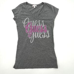 Guess Womens T-Shirt XS Gray Rhinestone Glitter Logo V-Neck Cap Sleeve Y2K